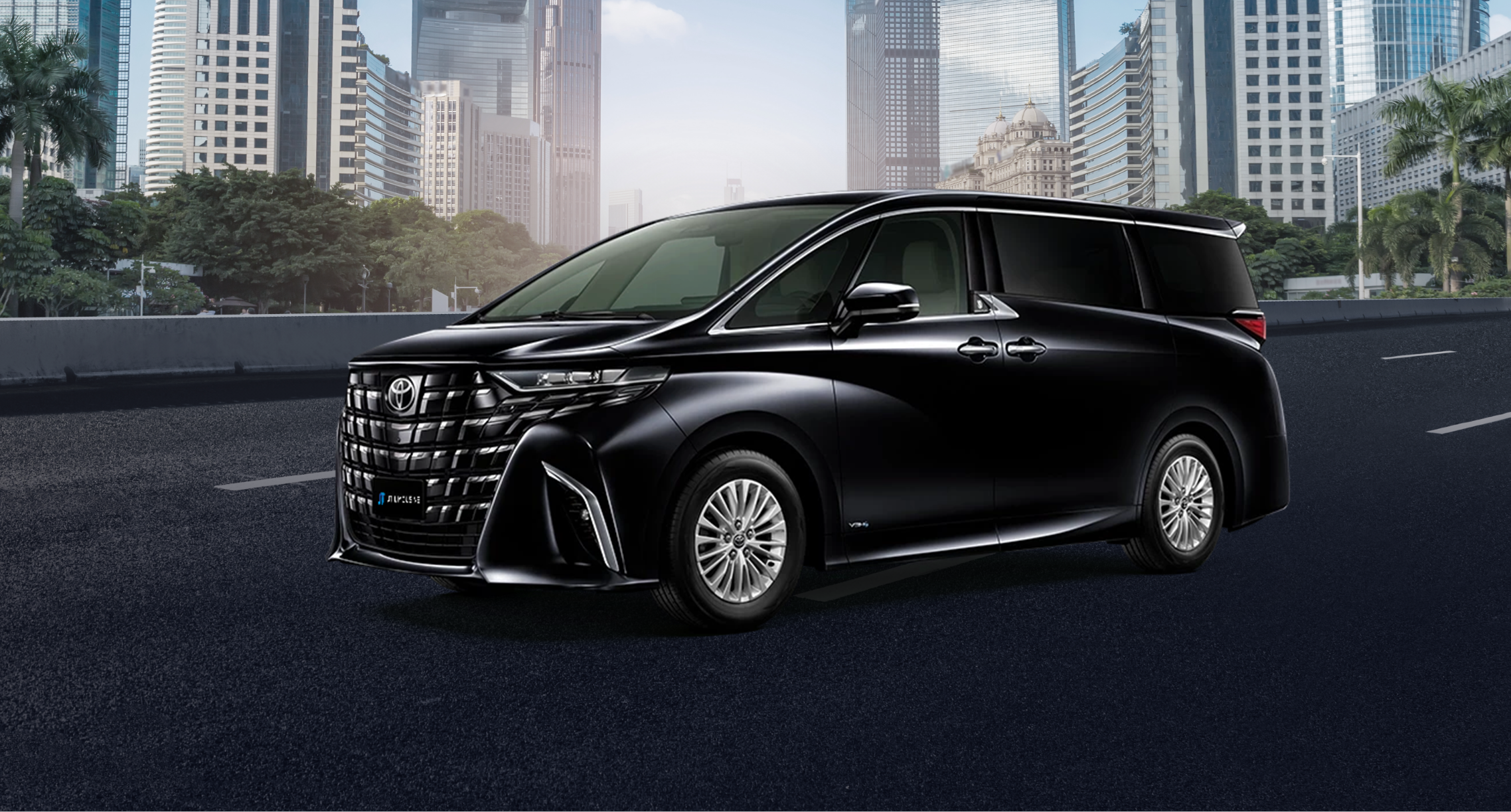 Black Toyota Alphard luxury van, latest model, parked on urban street with modern skyscrapers, representing premium limousine fleet vehicle