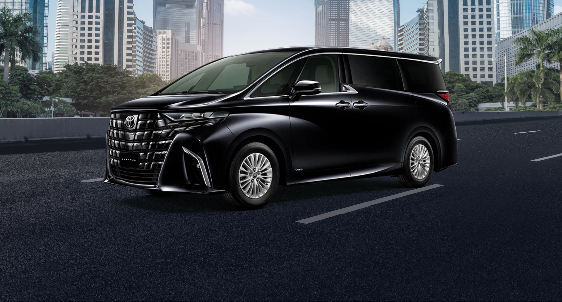 Black Toyota Alphard luxury van, latest model, parked on urban street with modern skyscrapers, representing premium limousine fleet vehicle